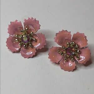 Vintage Pink Enamel Floral Clip On Earrings
